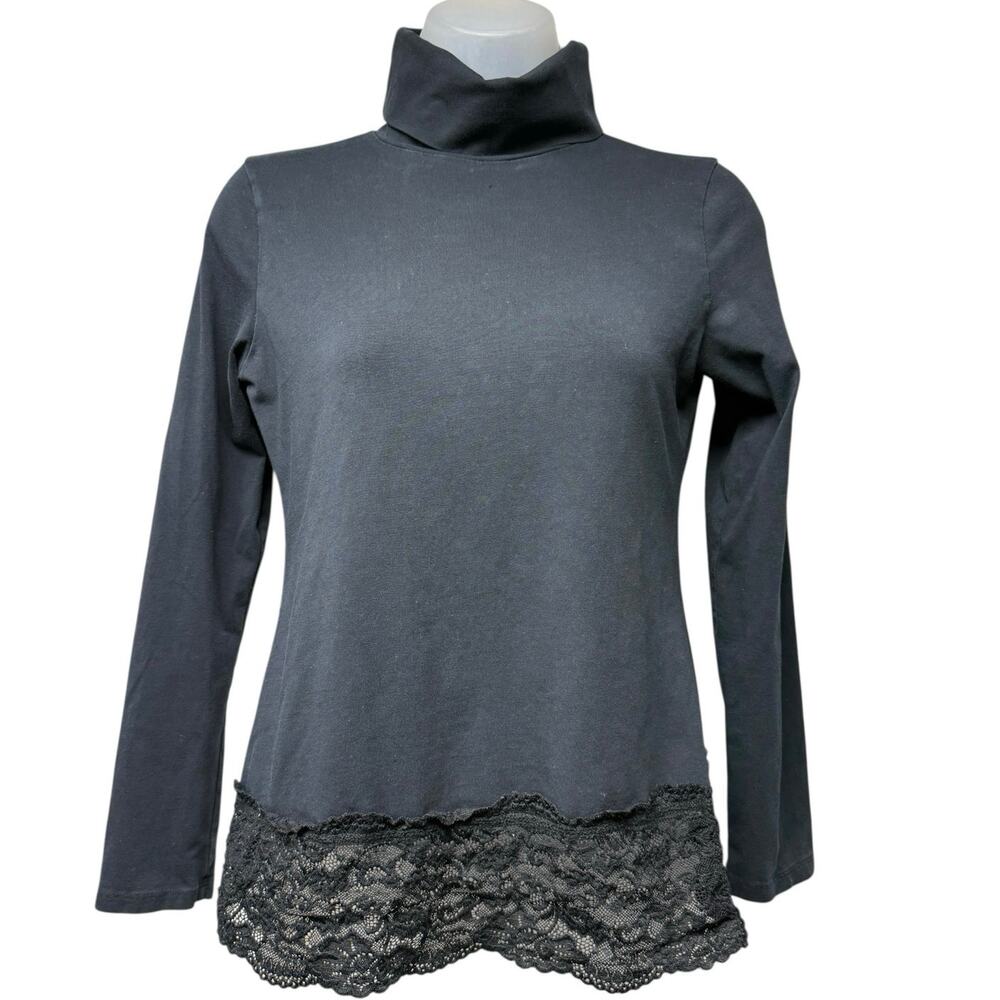 Sundance Elan Turtleneck Size Petite XS  Top Floral Lace Trim Black Long Sleeve